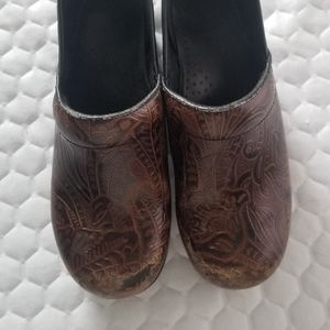Dansko Brown Leather Floral Clogs Size 38